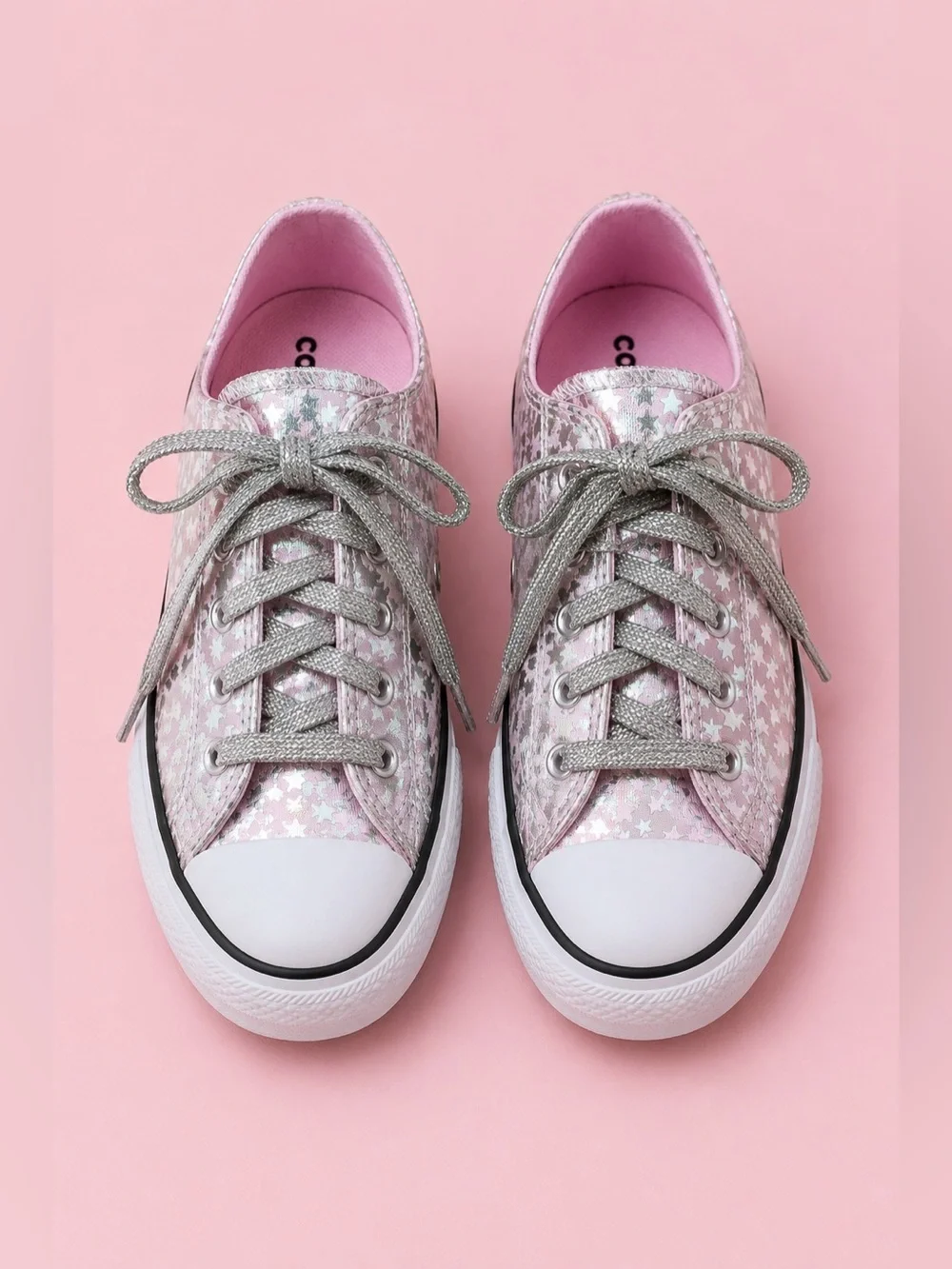 Converse All Star Silver & Pink She’s a Star Kid Tennis Shoes, Size 2 Youth, EUC